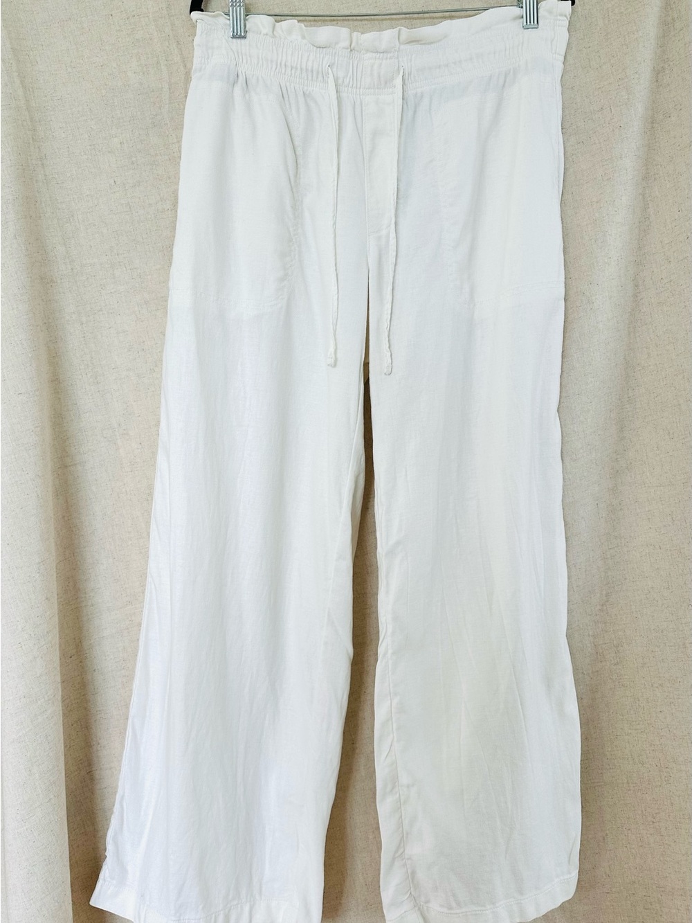 American Eagle Linen Blend Cream/White Wide Leg Flowy Stretch Waist Pants